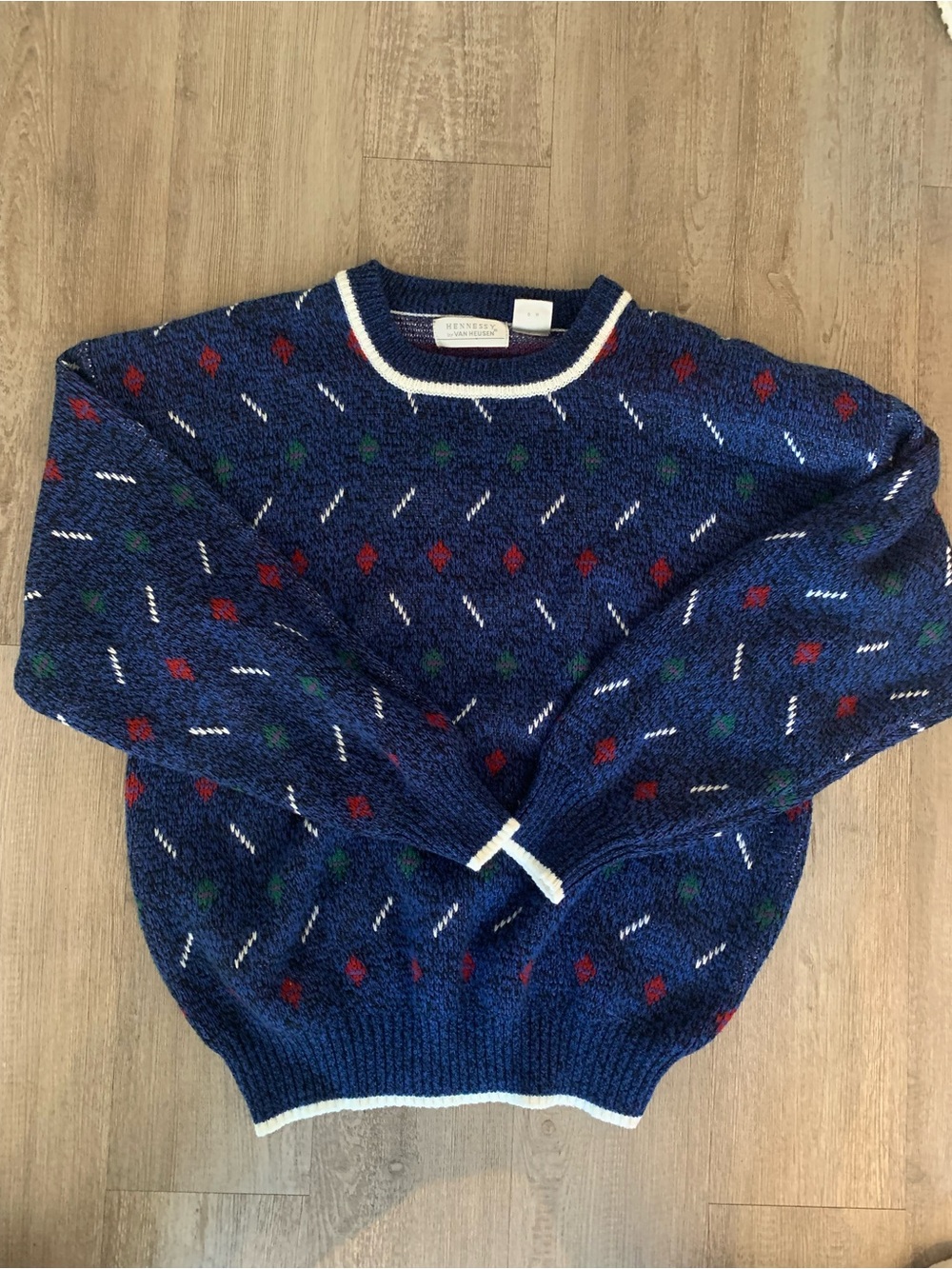 Vintage Van Heusen Blue Crewneck Sweater with Red, Green, and Cream Accents